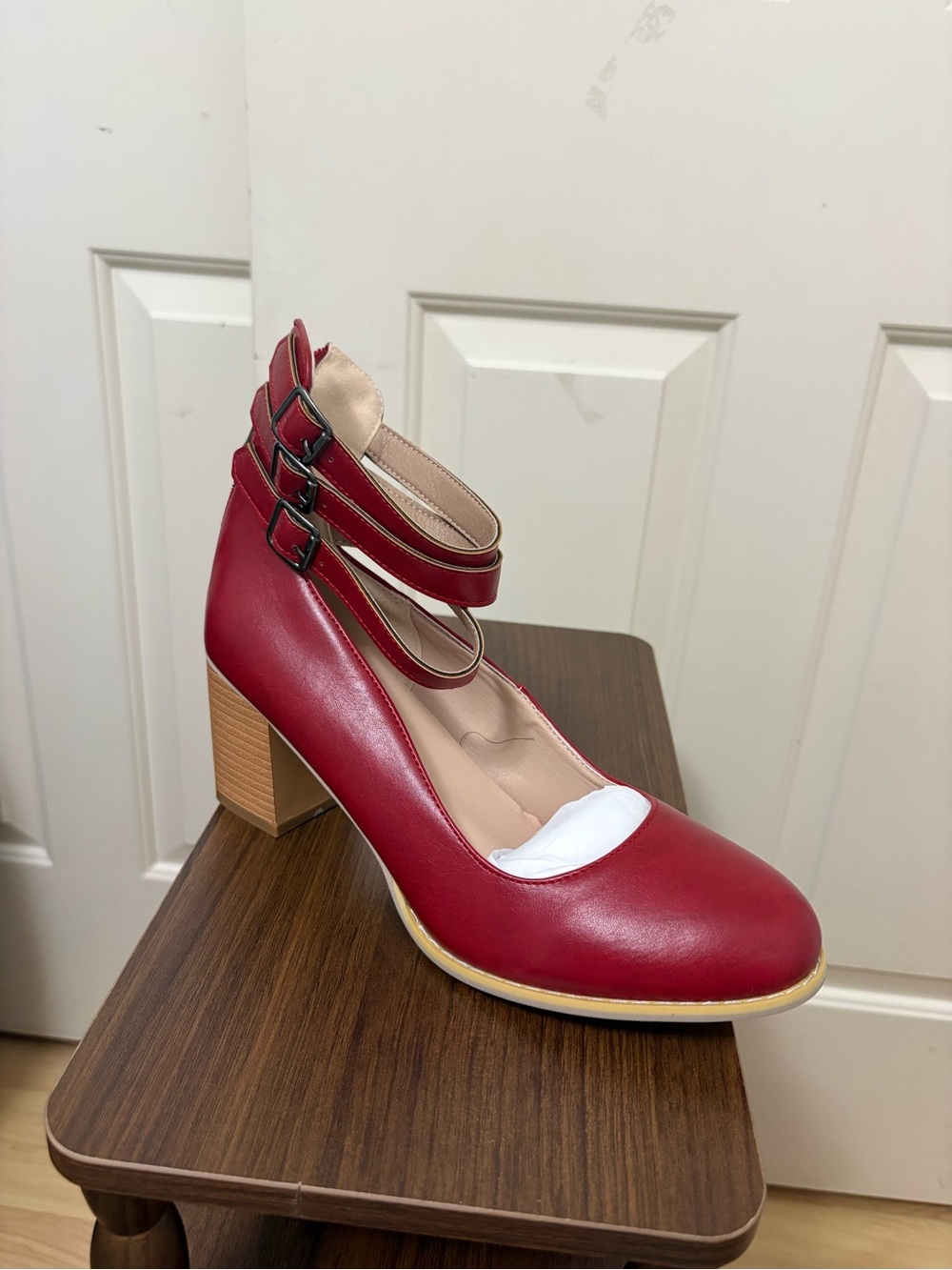 Women's Red Double-Strap Block Heel Pump